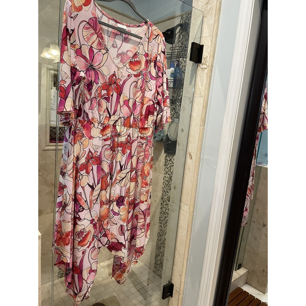 Avenue Womens Plus Dress 18/20 Pink Floral  Handkerchief Hem Stretch 3/4 Sl